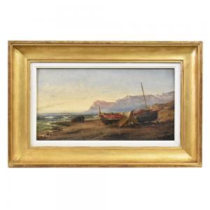OLD PAINTINGS, SEA PAINTINGS, SEASCAPE WITH COAST, OIL PAINTING ON PANEL, FROM THE 1800s. (QM476)